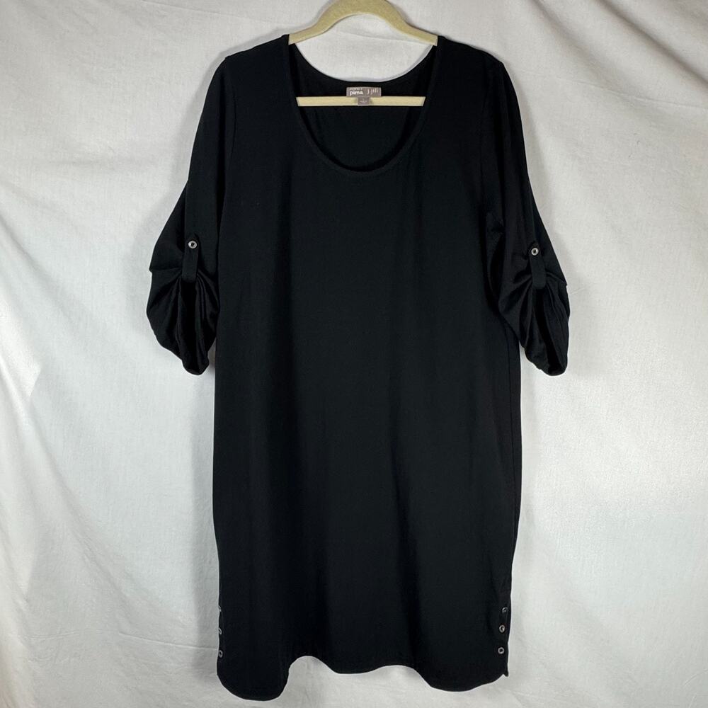 J. Jill Perfect Pima Shift Dress Roll Tab Sleeve Button Trimmed Hem Black Size L